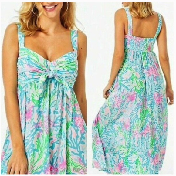 Lilly Pulitzer Sabrinah Midi Sleeveless Dress Coral Bay Blue White Pink Green - Picture 10 of 11